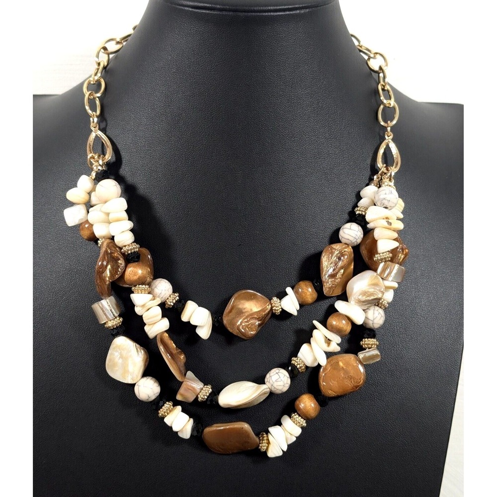 Boho Coastal Shell Wood Bead Layered Necklace Brown Cream Gold Tone